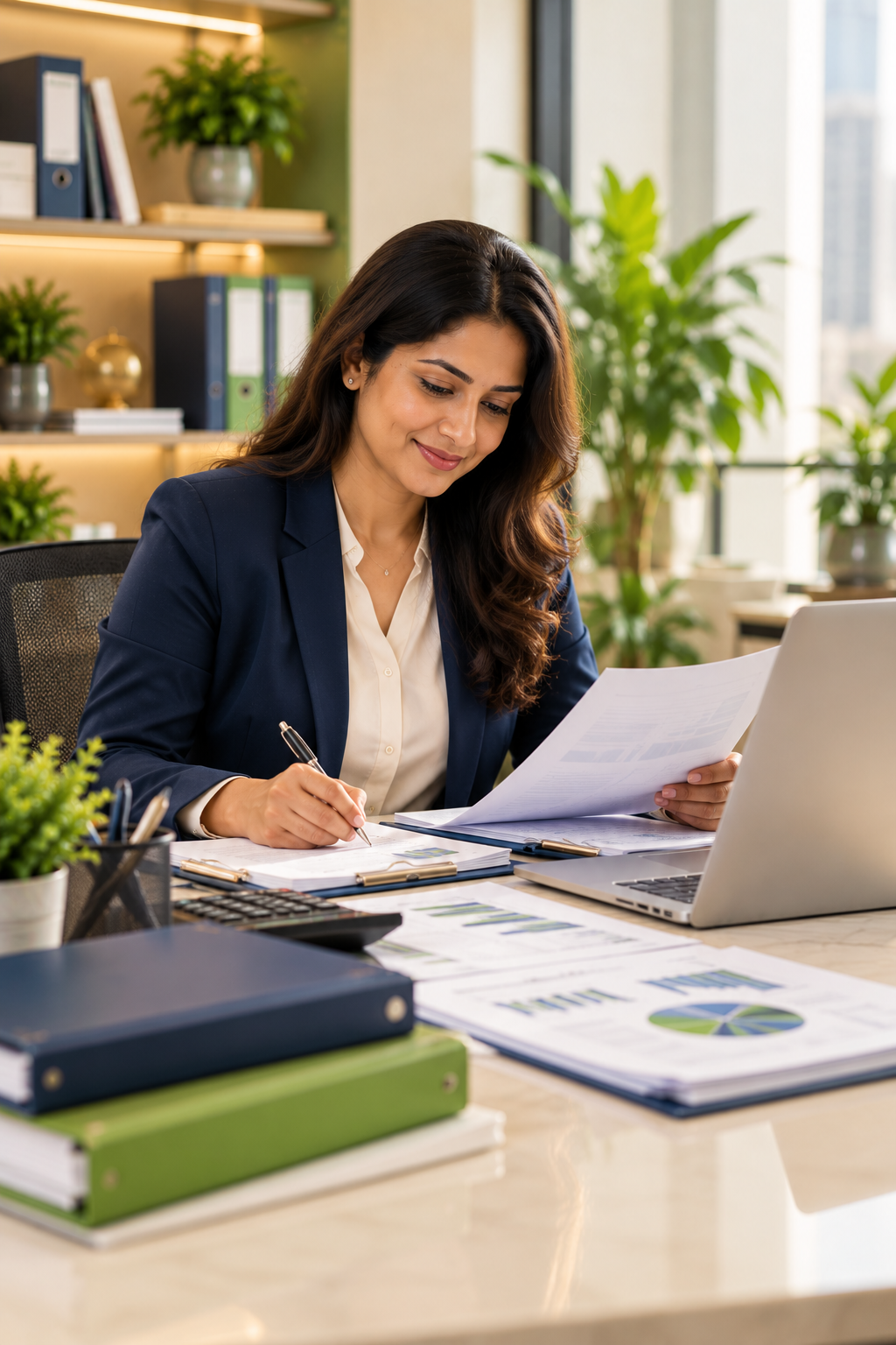 Advisors reviewing corporate finance and funding reports